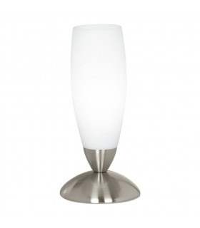 Slim 1 Light Table Lamp Satin Nickel with White Glass Shade, E14