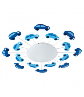 Viki 1 Light Flush Ceiling Light Blue with Blue Car Detail, E27