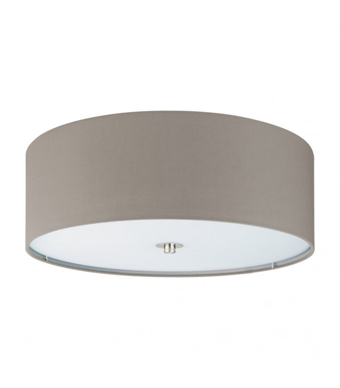 Pasteri 3 Light Flush Ceiling Light Satin Nickel with Taupe Fabric Shade and White Diffuser, E27 - EU Stock