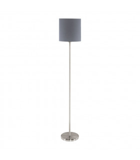 Pasteri 1 Light Floor Lamp Satin Nickel with Grey Fabric Shade, E27
