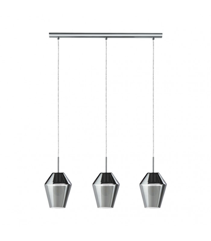 Murmillo 3 Light Ceiling Pendant Bar Polished Chrome, Smoked Glass, E27