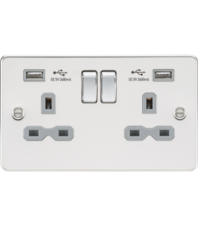 13A 2G switched socket with dual USB charger A + A (2.4A) - Polished chrome with grey insert 230V IP20