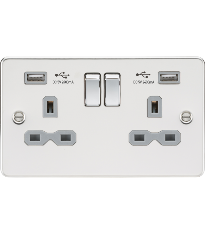 13A 2G switched socket with dual USB charger A + A (2.4A) - Polished chrome with grey insert 230V IP20