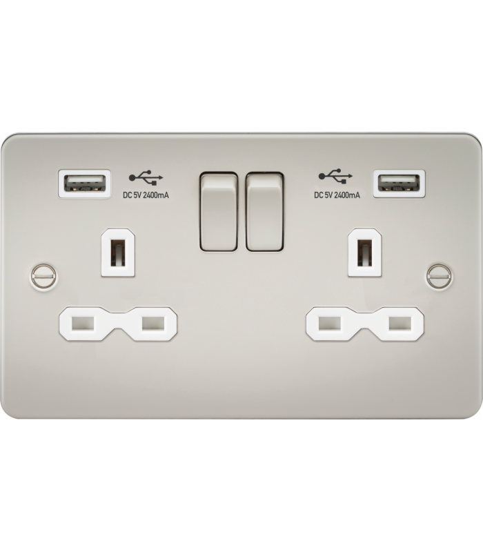 13A 2G switched socket with dual USB charger A + A (2.4A) - Pearl with white insert 230V IP20
