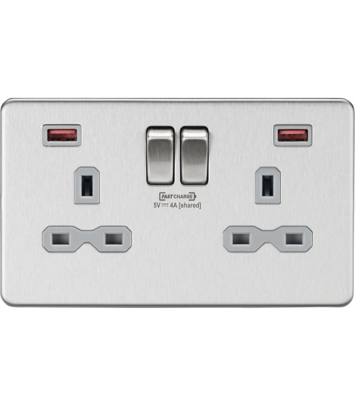 13A 2G DP Switched Socket with Dual USB FASTCHARGE ports (A + A) - Brushed Chrome with grey insert 230V IP20-1
