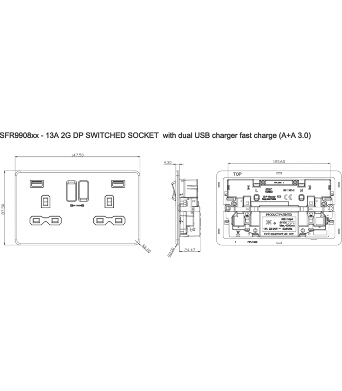 13A 2G DP Switched Socket with Dual USB FASTCHARGE ports (A + A) - Brushed Chrome with grey insert 230V IP20-2
