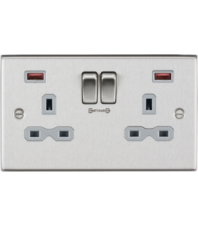 13A 2G DP Switched Socket with Dual USB FASTCHARGE ports (A + A) - Brushed Chrome with grey insert 230V IP20-1