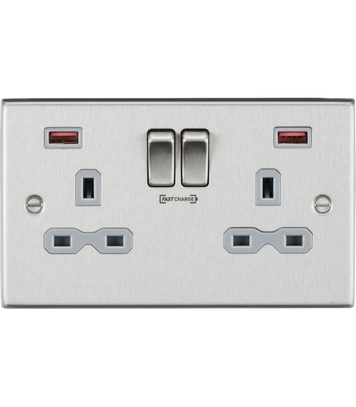 13A 2G DP Switched Socket with Dual USB FASTCHARGE ports (A + A) - Brushed Chrome with grey insert 230V IP20-1
