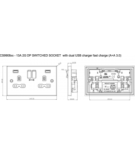 13A 2G DP Switched Socket with Dual USB FASTCHARGE ports (A + A) - Brushed Chrome with grey insert 230V IP20-2
