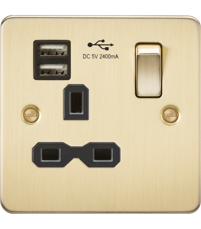Flat plate 13A 1G switched socket with dual USB charger (2.4A) - brushed brass with black insert 230V IP20-1