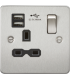 Flat plate 13A 1G switched socket with dual USB charger (2.4A) - brushed chrome with black insert 230V IP20-1