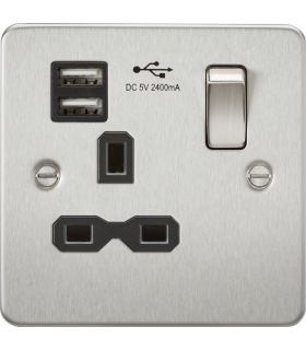 Flat plate 13A 1G switched socket with dual USB charger (2.4A) - brushed chrome with black insert 230V IP20-1