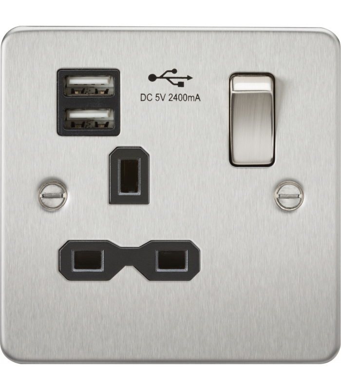 Flat plate 13A 1G switched socket with dual USB charger (2.4A) - brushed chrome with black insert 230V IP20-1