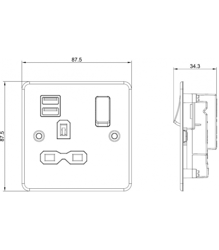 Flat plate 13A 1G switched socket with dual USB charger (2.4A) - brushed chrome with black insert 230V IP20-2