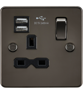 Flat plate 13A 1G switched socket with dual USB charger (2.4A) - gunmetal with black insert 230V IP20-1