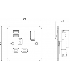 Flat plate 13A 1G switched socket with dual USB charger (2.4A) - gunmetal with black insert 230V IP20-2
