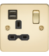 Flat plate 13A 1G switched socket with dual USB charger (2.4A) - polished brass with black insert 230V IP20-1