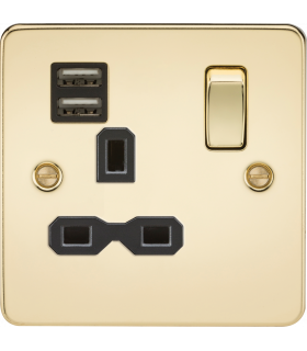 Flat plate 13A 1G switched socket with dual USB charger (2.4A) - polished brass with black insert 230V IP20-1