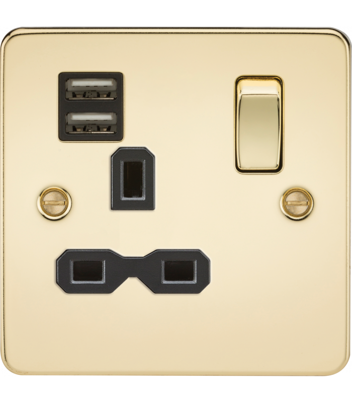 Flat plate 13A 1G switched socket with dual USB charger (2.4A) - polished brass with black insert 230V IP20-1