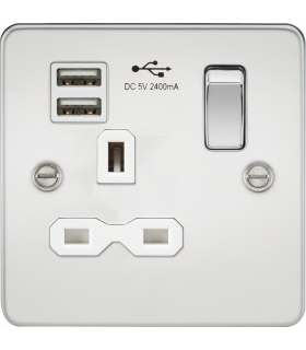 Flat plate 13A 1G switched socket with dual USB charger (2.4A) - polished chrome with white insert 230V IP20-1