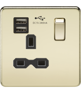 Screwless 13A 1G switched socket with dual USB charger (2.4A) - polished brass with black insert 230V IP20-1