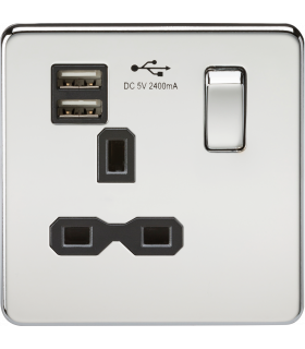 Screwless 13A 1G switched socket with dual USB charger (2.4A) - polished chrome with black insert 230V IP20-1