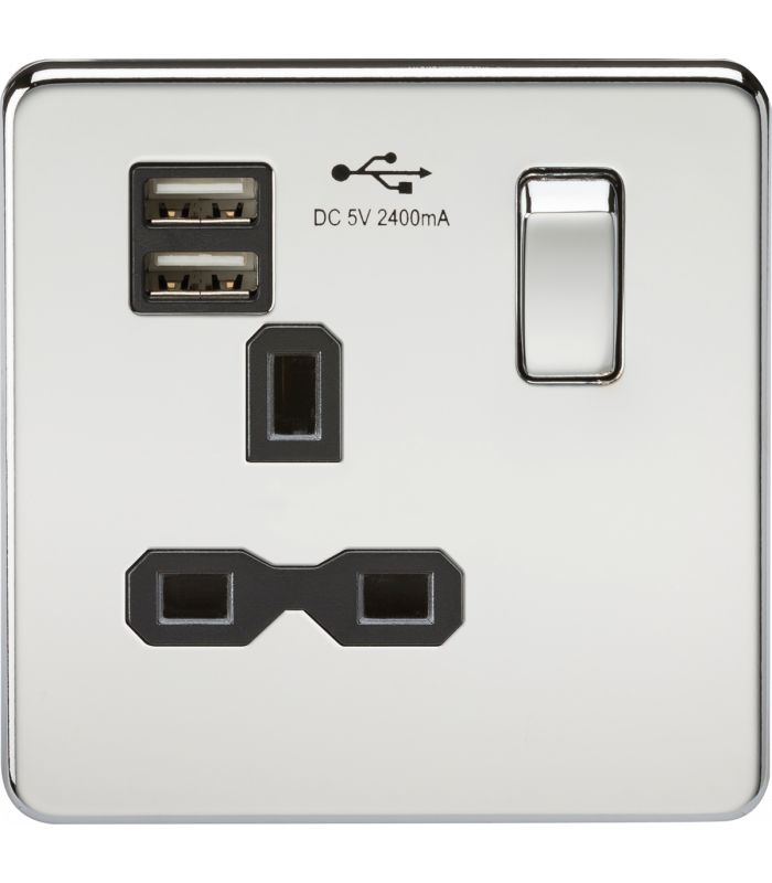 Screwless 13A 1G switched socket with dual USB charger (2.4A) - polished chrome with black insert 230V IP20-1