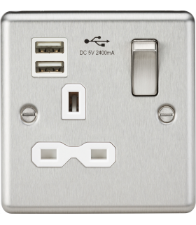 13A 1G Switched Socket Dual USB Charger Slots with White Insert - Rounded Edge Brushed Chrome 230V IP20-1