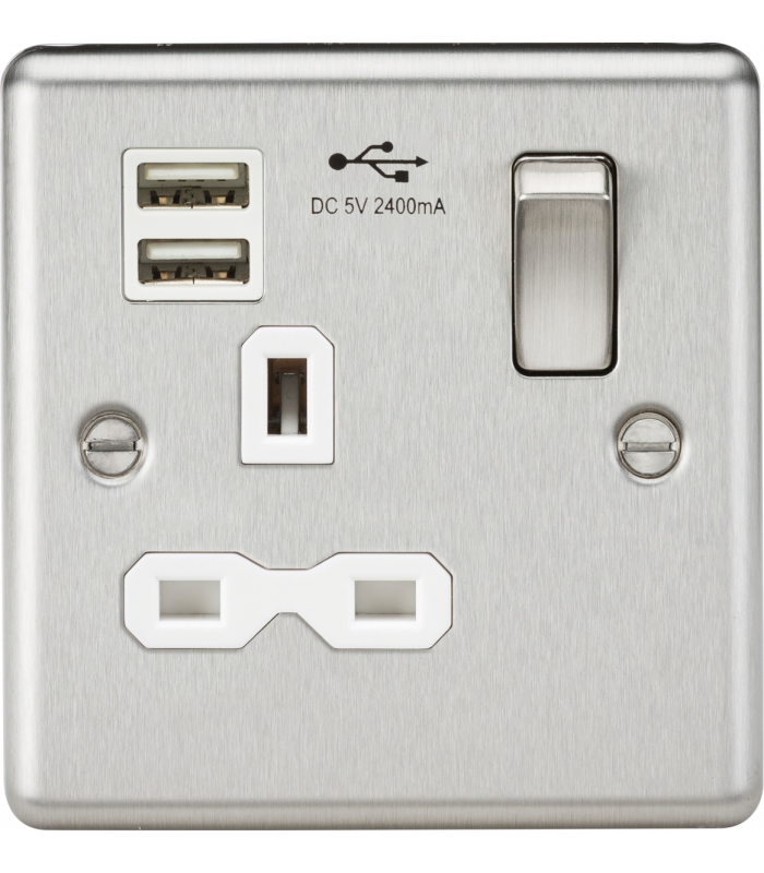 13A 1G Switched Socket Dual USB Charger Slots with White Insert - Rounded Edge Brushed Chrome 230V IP20-1