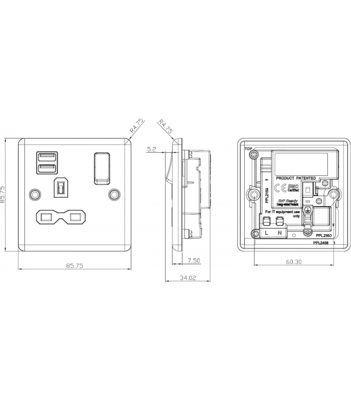 13A 1G Switched Socket Dual USB Charger Slots with White Insert - Rounded Edge Brushed Chrome 230V IP20-2
