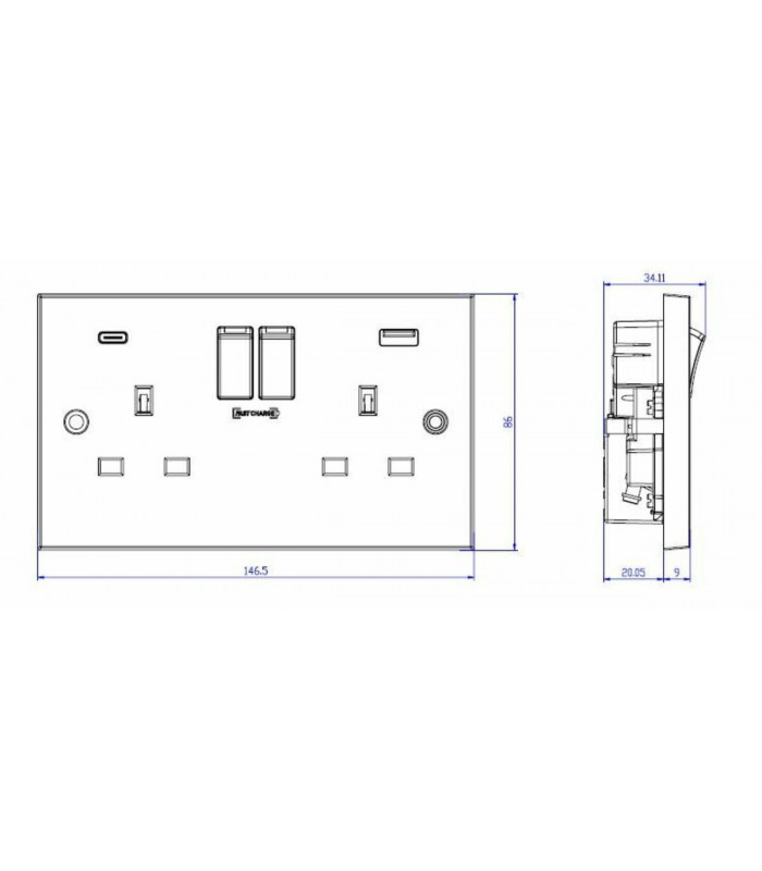 13A 2G DP Switched Socket with Dual USB FASTCHARGE ports (A + C) 230V IP20-2