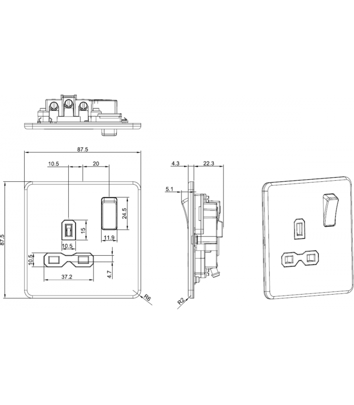 Screwless 13A 1G DP switched socket - Anthracite 230V IP20-2
