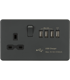Screwless 13A switched socket with Quad USB charger (5.1A) - Anthracite 230V IP20-1