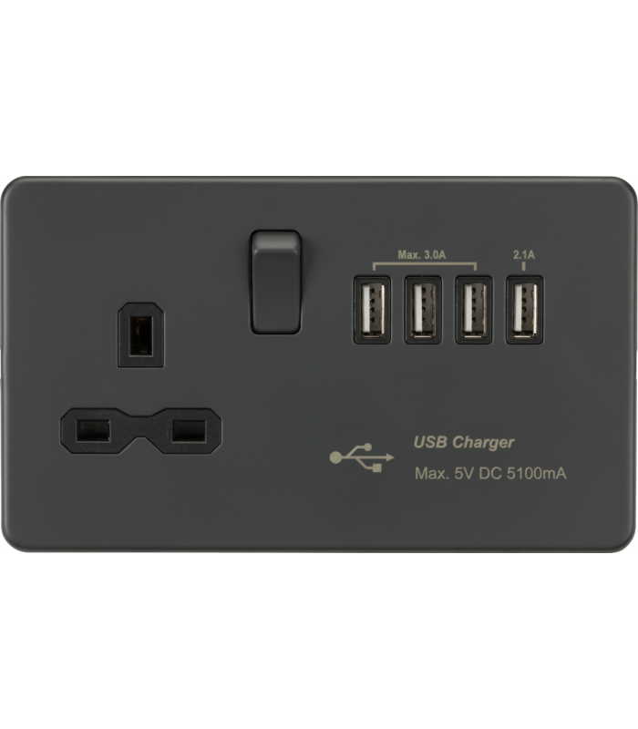Screwless 13A switched socket with Quad USB charger (5.1A) - Anthracite 230V IP20-1