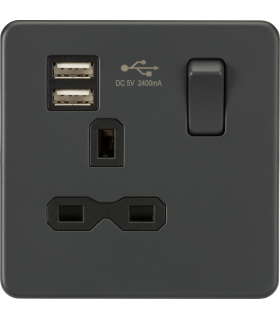 Screwless 13A 1G switched socket with dual USB charger (2.4A) - Anthracite 230V IP20-1