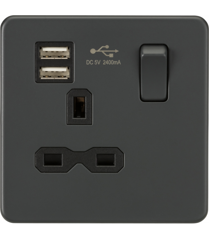 Screwless 13A 1G switched socket with dual USB charger (2.4A) - Anthracite 230V IP20-1