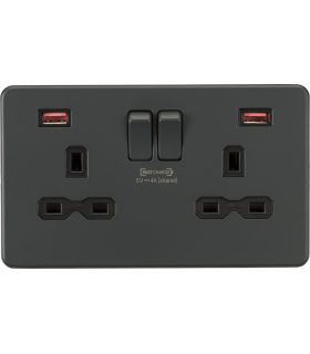 Screwless 13A 2G DP Switched Socket w/ Dual USB FASTCHARGE ports A/A (5-12V 4A shared) - Anthracite 230V IP20-1