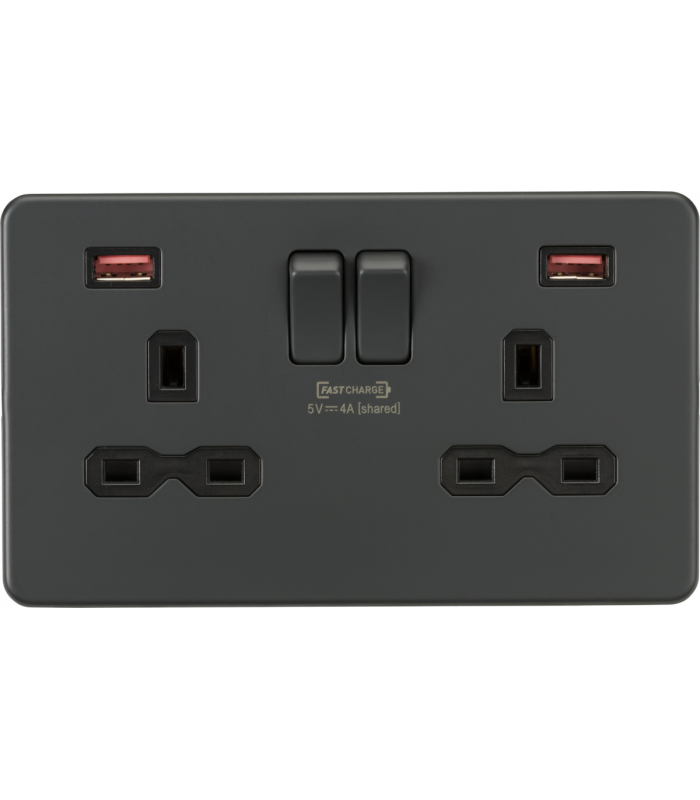 Screwless 13A 2G DP Switched Socket w/ Dual USB FASTCHARGE ports A/A (5-12V 4A shared) - Anthracite 230V IP20-1