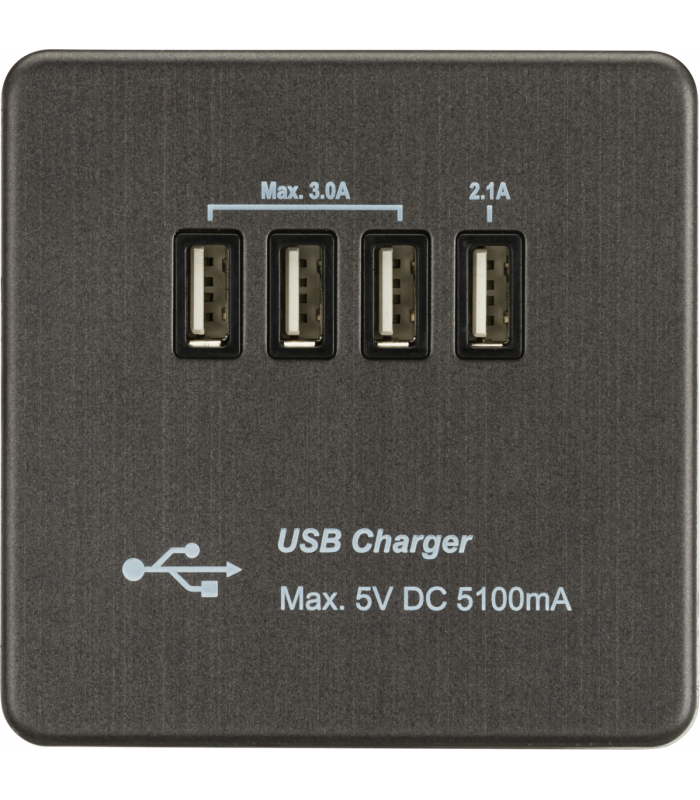 Screwless Quad USB Charger Outlet (5.1A) - Smoked Bronze 230V IP20-1