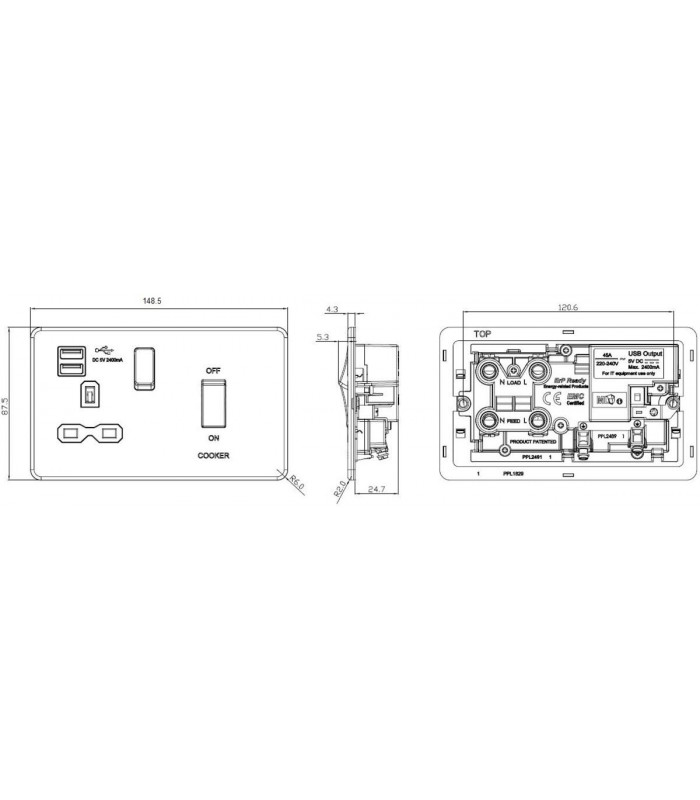 Screwless 45A DP Switch & 13A Switched Socket with Dual USB Charger 2.4A - Smoked Bronze 230V IP20-2