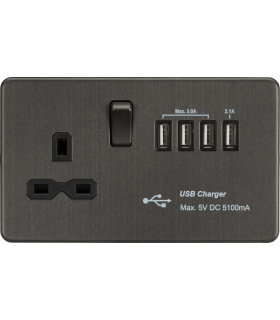 Screwless 13A switched socket with Quad USB charger (5.1A) - Smoked Bronze 230V IP20-1