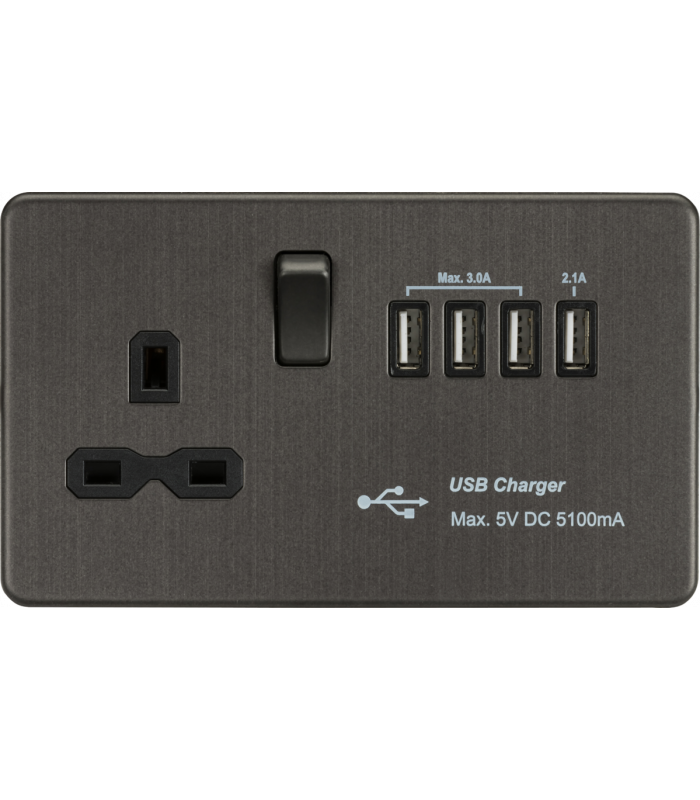 Screwless 13A switched socket with Quad USB charger (5.1A) - Smoked Bronze 230V IP20-1