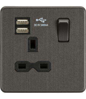 Screwless 13A 1G switched socket with dual USB charger (2.4A) - Smoked Bronze 230V IP20-1