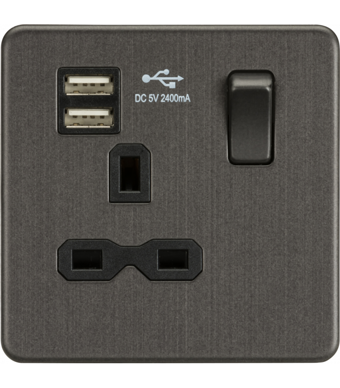 Screwless 13A 1G switched socket with dual USB charger (2.4A) - Smoked Bronze 230V IP20-1