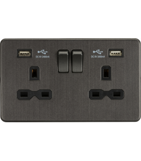 13A 2G switched socket with dual USB charger A + A (2.4A) - Smoked bronze 230V IP20-1