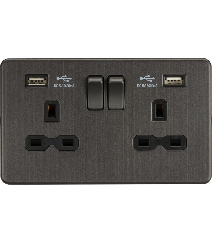 13A 2G switched socket with dual USB charger A + A (2.4A) - Smoked bronze 230V IP20-1