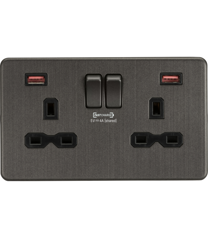 Screwless 13A 2G DP Switched Skt w/ Dual USB FASTCHARGE ports A/A (5-12V 4A shared) - Smoked Bronze 230V IP20-1