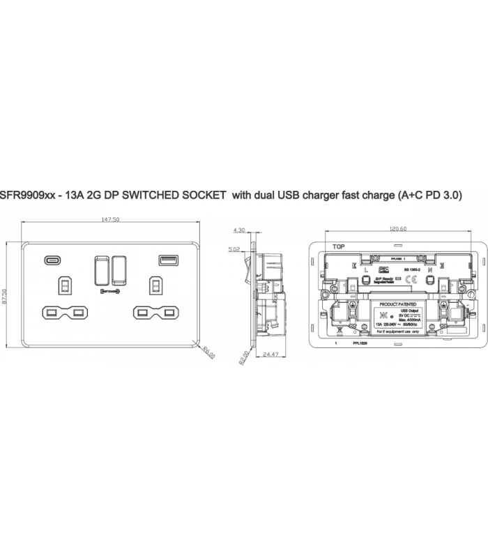 13A 2G DP Switched Socket with dual USB [FASTCHARGE] A+C - Smoked Bronze 230V IP20-2