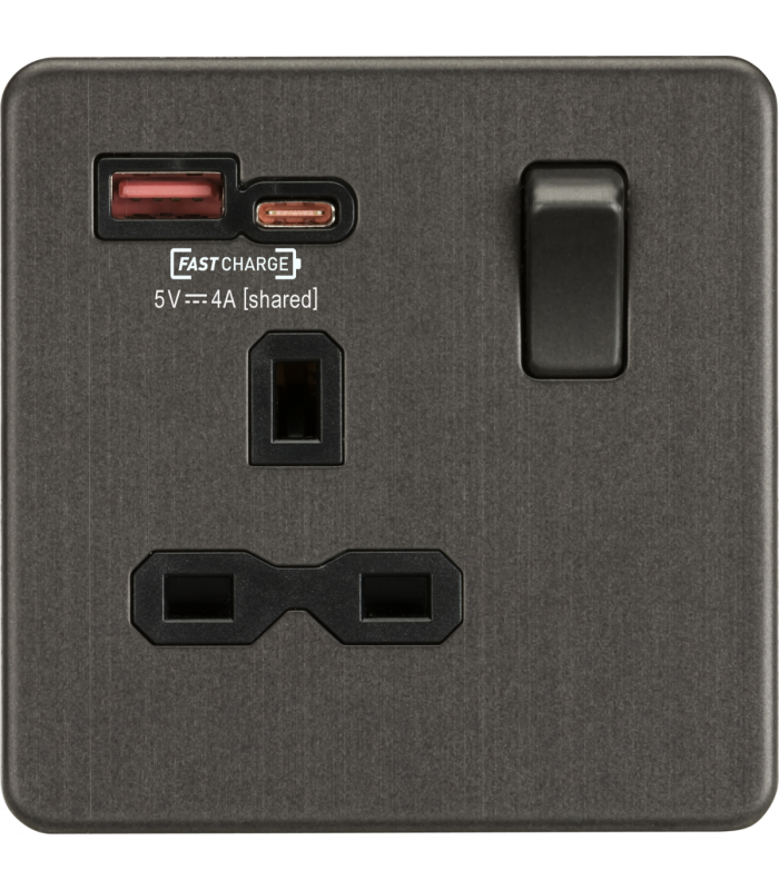 13A 1G Switched Socket with dual USB [FASTCHARGE] A+C - Smoked Bronze 230V IP20-1