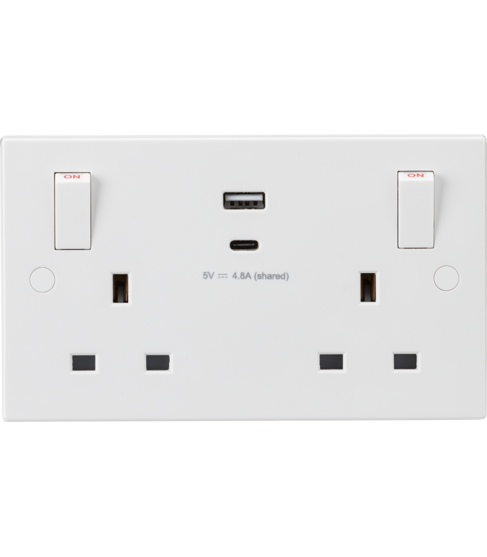 13A 2G Switched socket with outboard rockers and dual USB (A+C) 5V DC 4.8A shared 230V IP20-1